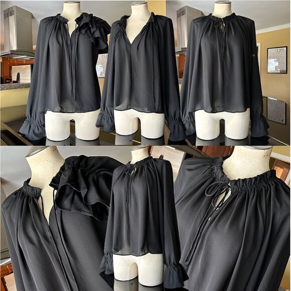 NWT Madewell Black Semi-Sheer Long Sleeve Tie Neck Ruffled Cuff Chiffon Blouse - Picture 10 of 12